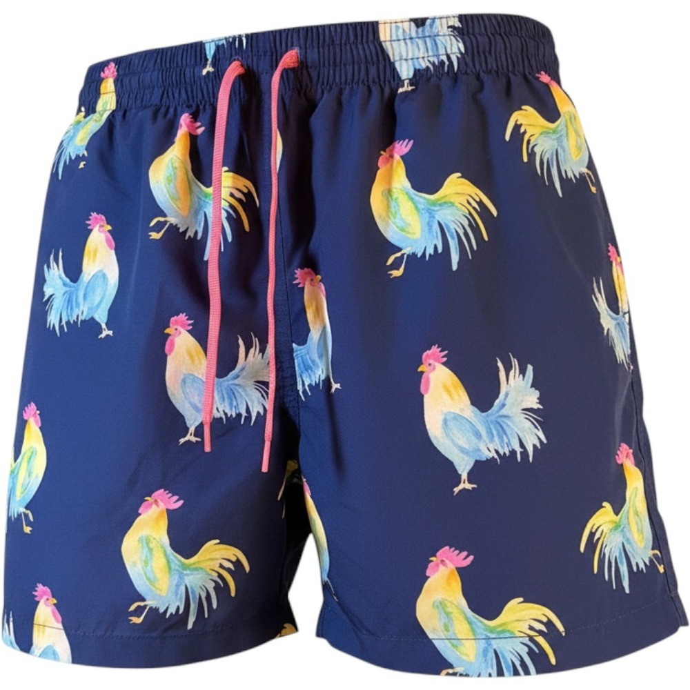 Chubbies Mens Navy Blue Rooster Print Swim Trunks Pink Drawstring Shorts‎ 5.5in